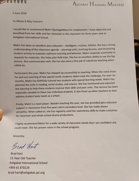 Recommendation letter from Brad Hart( 11 years old)
