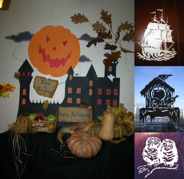 Работы с детьми. Инсталляция на Хэллоуин, вытынанки из бумаги.