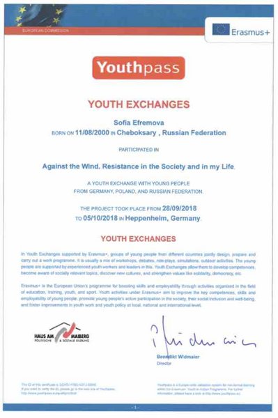 Сертификат, подтверждающий, что я, Ефремова Софья — победитель отбора на образовательную программу «Against the wind» Хеппенхайм, Германия, 2018