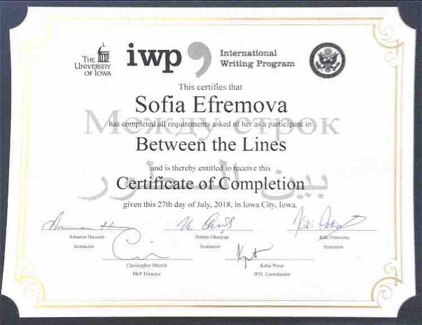 Сертификат, подтверждающий победу и участие в конкурсе юных писателей «Between the Lines» и успешное прохождение образовательной программы (Университет Айовы, США, 2018).